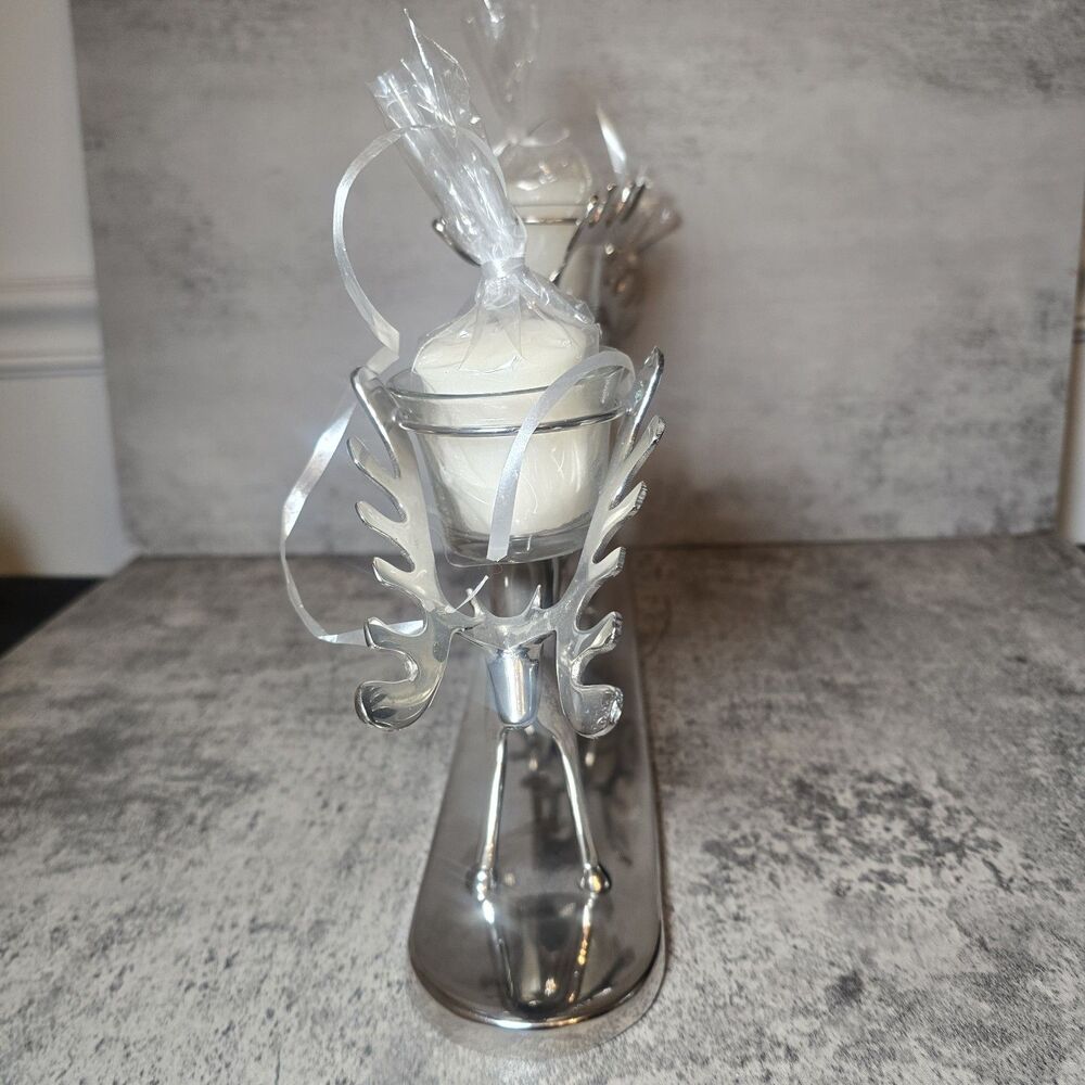 Pottery Barn Three Leaping Reindeer and Glass Votive Candle Holder Christmas - Picture 2 of 7